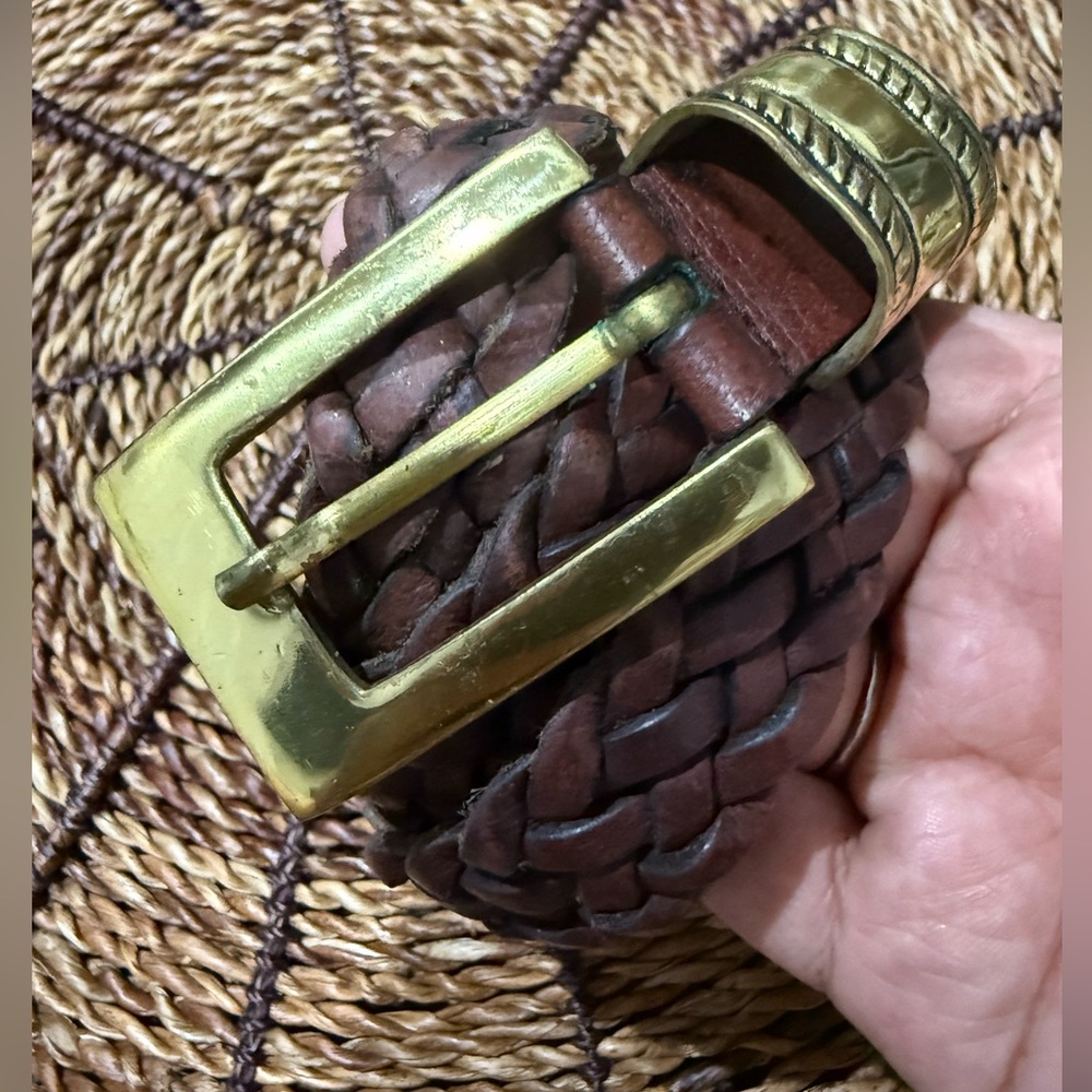 VTG Perry Ellis Leather Braided Woven Belt Brown Brass Buckle Detail‎ 38” L